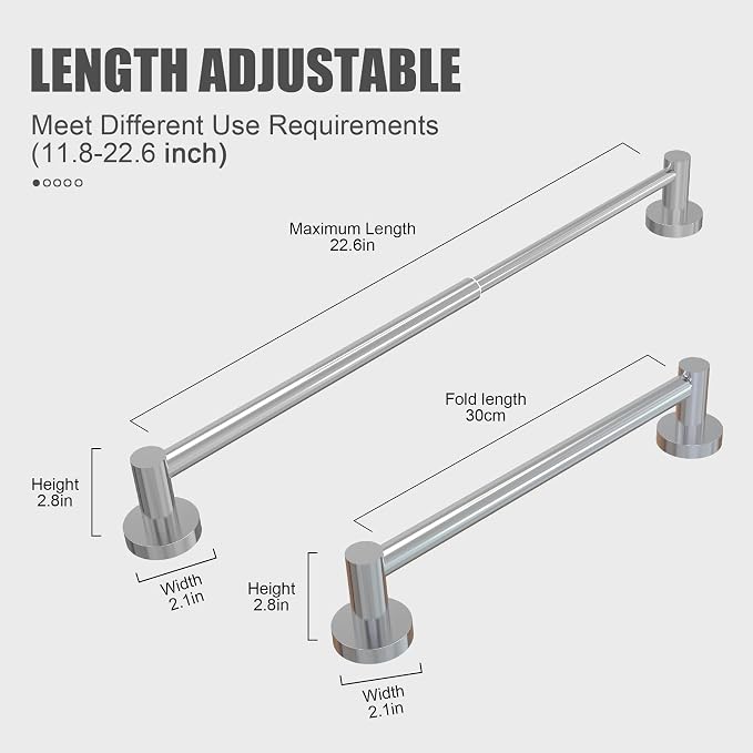 Towel Bar - Adjustable 304 Stainless Steel Towel Holder for Bathroom | Sturdy and Rustproof Wall Mounted Towel Rack for Bathroom Accessories(11.8inch-22.6inch) , Polished Silver