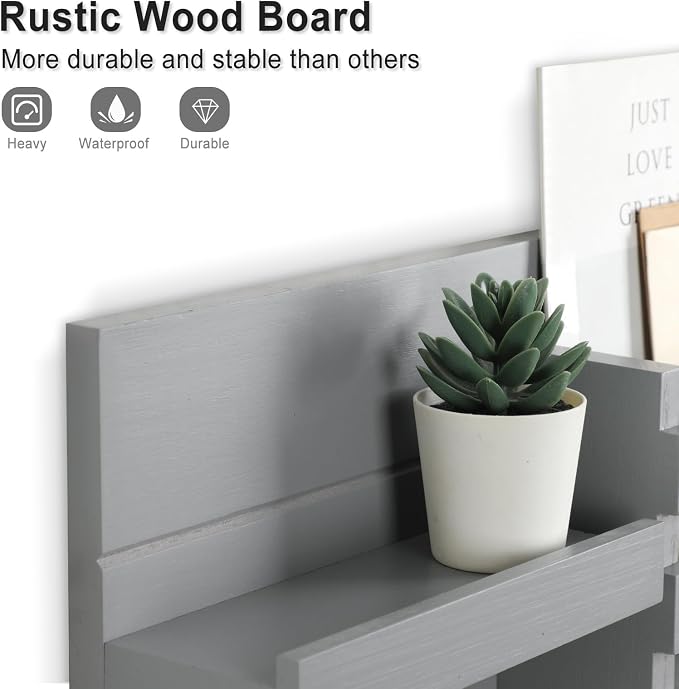 Lwenki Mail Organizer for Wall Mount – Key Holder with Shelf Includes Letter Holder and Hooks for Coats, Dog Leashes – Rustic Wood with Flush Mounting Hardware (16.5” x 8.7” x 3.5”) (Gray)