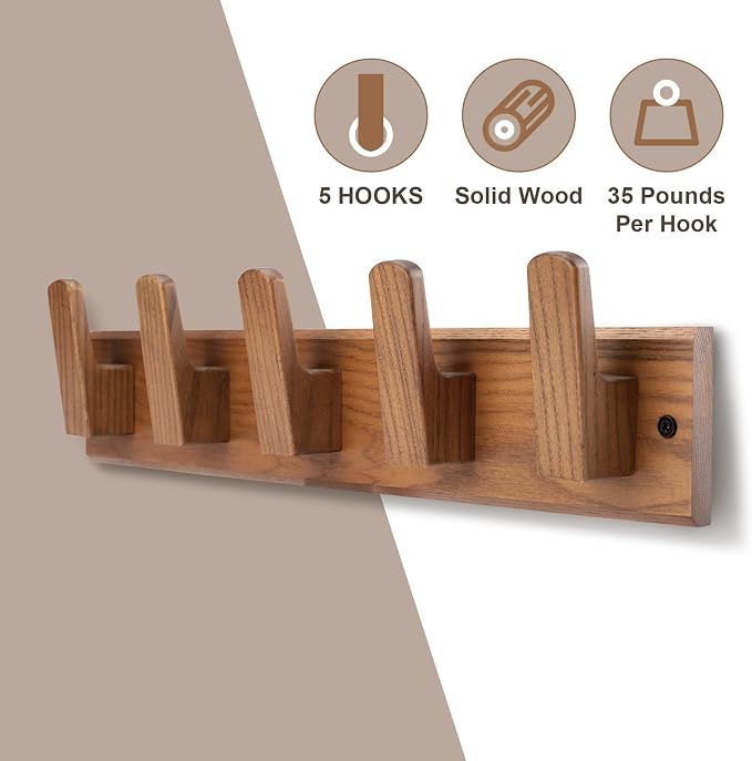 Wood Coat Rack Wall Mount with 5 Hooks, 17'' Hole to Hole Wall Coat Rack for Hanging Coat Jacket Backpack, Natural Wall Coat Hook