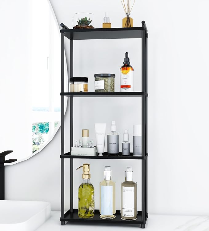 VOTZAAQ Matte Black 4 Tier Bathroom Organizer Countertop, Stainless Steel Perfume Tray and Vanity Countertop Shelf, Makeup Skin Care Bathroom Organizers and Storage for Dresser, Kitchen