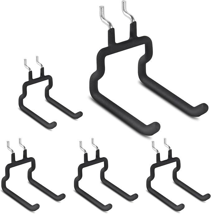 Utility Heavy Duty Pegboard Hooks, 5Pack Peg Board Accessories Tool Hangers | Fit 1/8" 1/4" Peg Holes, Double Arm Peg Board Bracket, Rubber Coated, Large Tool Organizer for Garage Workshop Shed Craftroom