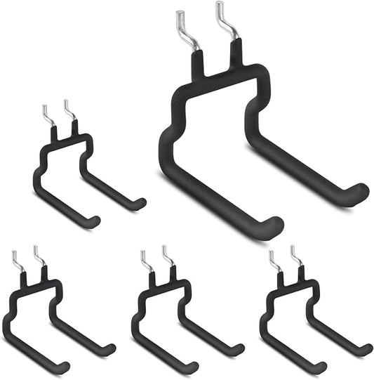Utility Heavy Duty Pegboard Hooks, 5Pack Peg Board Accessories Tool Hangers | Fit 1/8" 1/4" Peg Holes, Double Arm Peg Board Bracket, Rubber Coated, Large Tool Organizer for Garage Workshop Shed Craftroom