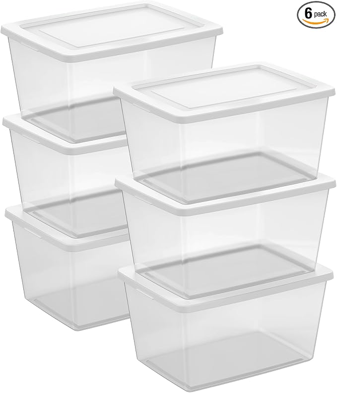 Sterilite Clear Storage Box Stackable Tote, 58 Quart, 6-Pack | Clear Plastic Container with Secure Snapping Lids for Home and Office Organization, White