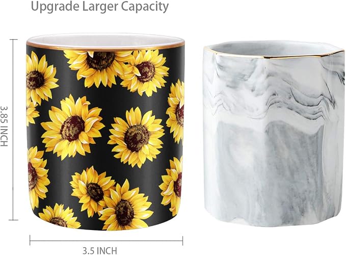 Pen Holder, Cute Pencil Holder for Desk, Makeup Brush Holder Floral Pattern, Pencil Cup for Girls Women, Durable Ceramic Desk Organizer Flower Decor for Office, Classroom, Sunflower