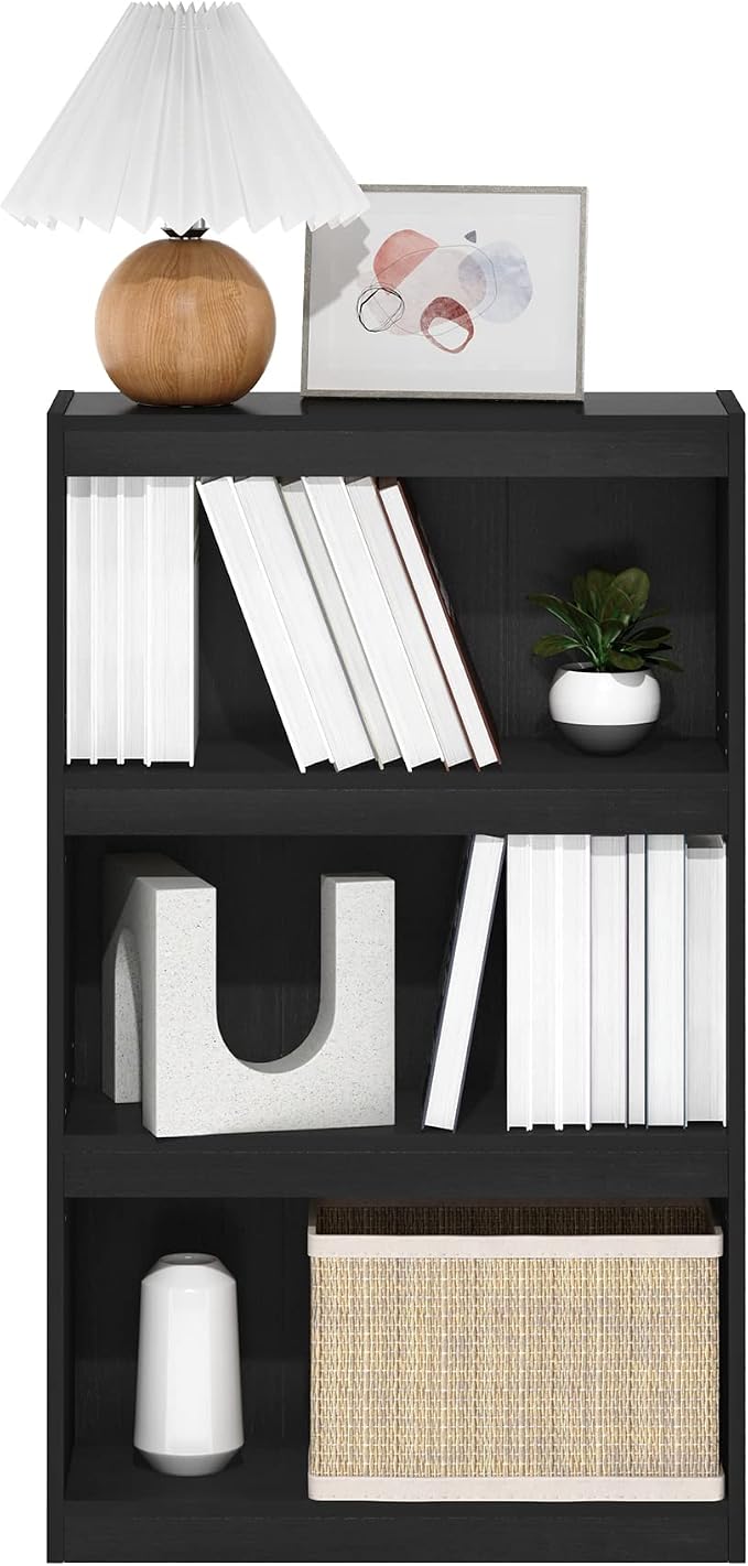 Furinno Jaya Book Shelf, 3-Tier Modern Bookshelf with Adjustable Shelf, Bookcase with Open Shelf, 9.5 x 24.5 x 40.3, for Organization and Storage, for Living Room, Bedroom, Home Office, Darkwood