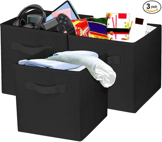 3 Pcs Storage Cubes, 10.5 Inch Collapsible Storage Bins, Fabric Foldable Bins for Organization, Durable Storage Bins for Closet, Shelves, Offices (Black) | [Black] [For Organization, Durable Storage Bins for Closet, Shelves, Offices]