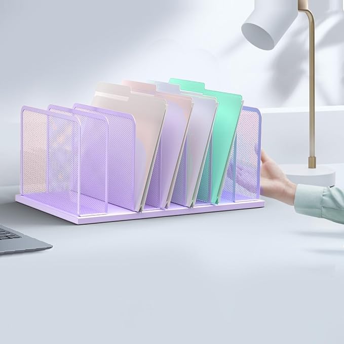 Kuntine.B 7-Section Upright Desk File Organizer Purple 2 Pack | Vertical, Mesh, Metal, Assembly, Stability, Sturdiness, Organization, Standing