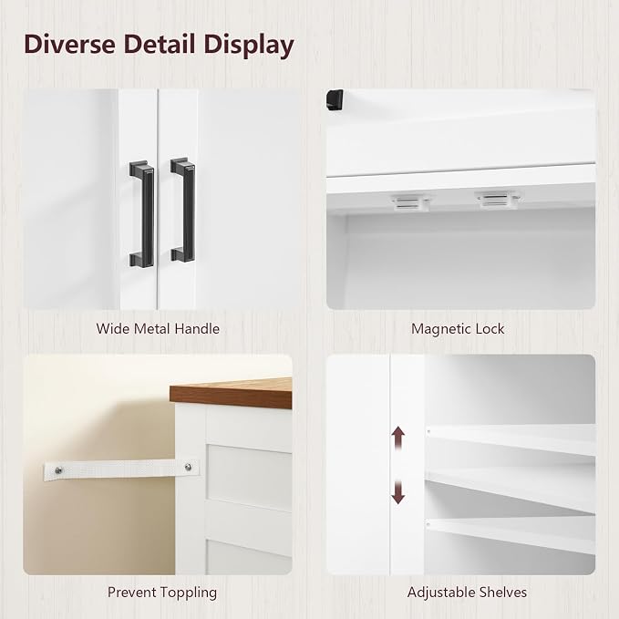 usikey 63" Buffet Cabinet with Storage, Large Sideboard Buffet Cabinet with 2 Adjustable Shelves and 4 Doors, Modern Farmhouse Coffee Bar for Kitchen, Living Room, White