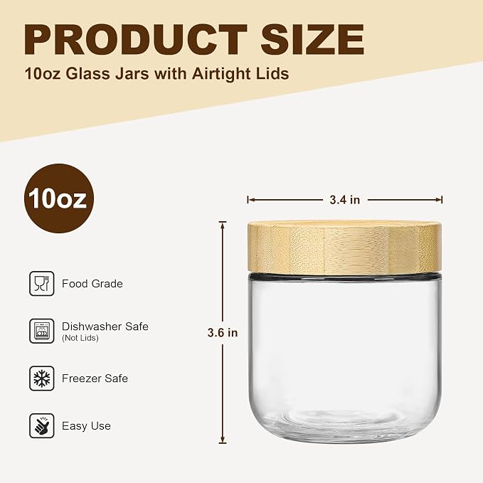 2 Pack 10oz Glass Jars with Bamboo Lids, Overnight Oats Containers with Airtight Lids, Storage Containers Wide Mouth Mason jars for Salad,Yogurt, Sugar, Snacks, Spices