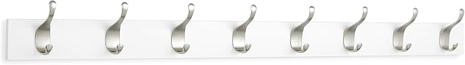 Amazon Basics Wall Mounted Modern Coat Rack for Entryway and Bedroom with Versatile Storage Hooks, Rectangular, 8-Hook, White | Rectangular