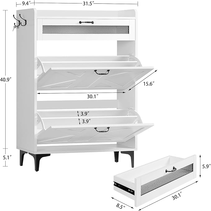 Shoe Cabinet with 2 Flip Drawers & Top Drawer, Farmhouse Narrow Shoe Storage Cabinet with Adjustable Shelves & Hooks, Freestanding Hidden Slim Shoe Rack Cabinet for Entryway, Hallway, White