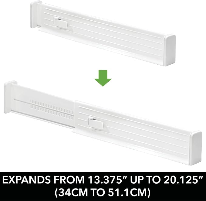 mDesign Expandable Dresser Drawer Divider with Foam Ends, Drawer Divider Locks in Place, Separators for Clothing and Accessories in Closet or Dresser Drawer, Ligne Collection, 4 Pack, White