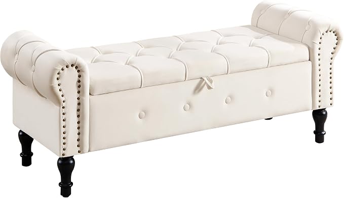 Storage Bench 51" Velvet End of Bed Benches Beige | Queen Size Storage Bench for Bedroom with Rolled Arms Tufted Ottoman Benches Upholstered Bench for Living Room Entryway