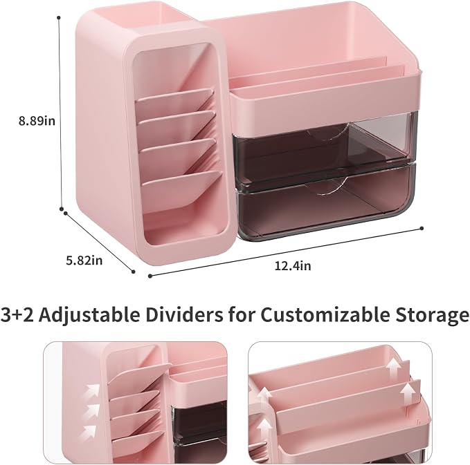 Countertop Makeup Skincare Organizer with Adjustable Brush Holder, Pink | Extra Thick Plastic, Clear Drawers, Large Bathroom Vanity Counter Organizer, Cosmetic Storage for Perfume, Lipstick, Palettes