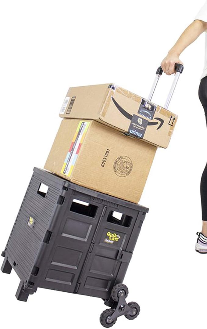 dbest products Quik Cart Elite Stair Climber Wheeled Rolling Crate Teacher Utility With seat Heavy Duty Collapsible Basket With Handle, Black | Collapsible, with Wheels, 120 lbs Capacity, Heavy Duty, Telescoping Handle, Folding Utility Cart with Seat