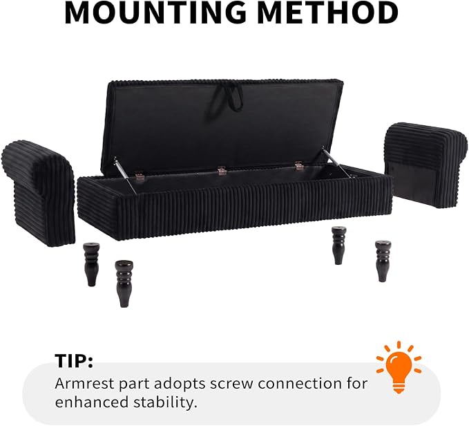 60" Corduroy Storage Bench, Queen End of Bed, Black | Corduroy Upholstered, Bedroom/Entryway/Closet, Storage Ottoman Bench, Window Seat, Lift-Top, Tufted Button, Solid Wood Legs.