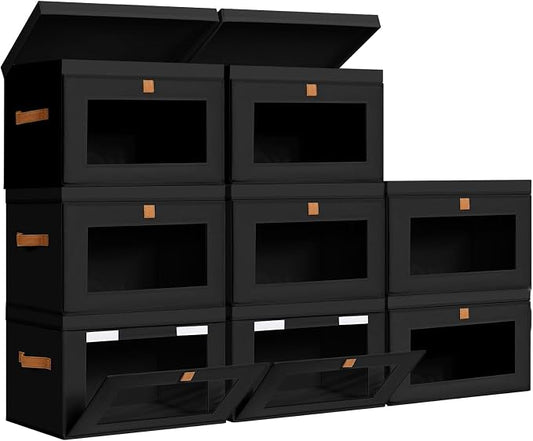 DIMJ Storage Bins with Lids - 8 Pack Large Fabric Closet Organizer with Window & Handles, Collapsible Decorative Storage Boxes for Shelves Under Bed, Books Clothes Blankets Sweaters Organization