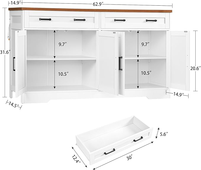 usikey 63" Buffet Cabinet with Storage, Large Sideboard Buffet Cabinet with 2 Adjustable Shelves and 4 Doors, Modern Farmhouse Coffee Bar for Kitchen, Living Room, White
