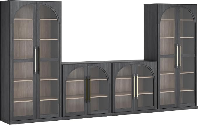 BELLEZE 3-Piece Modular TV Stand Set - 1 Arched Glass Door Sideboard and 2 Tall Cabinets, Modern Modular Entertainment Center with Adjustable Shelves for Living Room(Ebony)