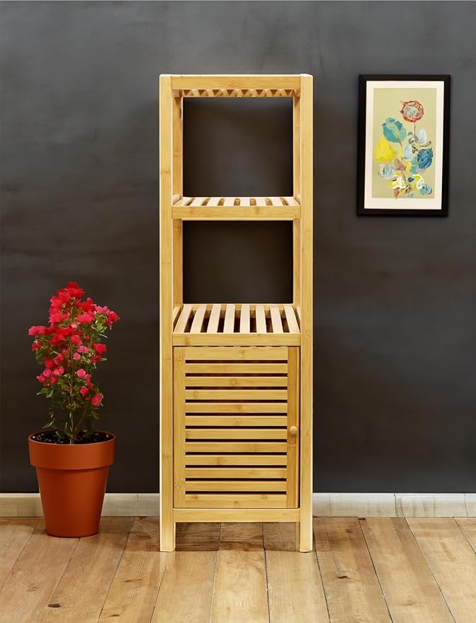 RoyalHouse Bamboo 3-Tier Floor Organizer with Shutter Door, Freestanding Storage Tower for Bathroom, Bedroom, Kitchen, Laundry Room – Eco-Friendly Natural Bamboo