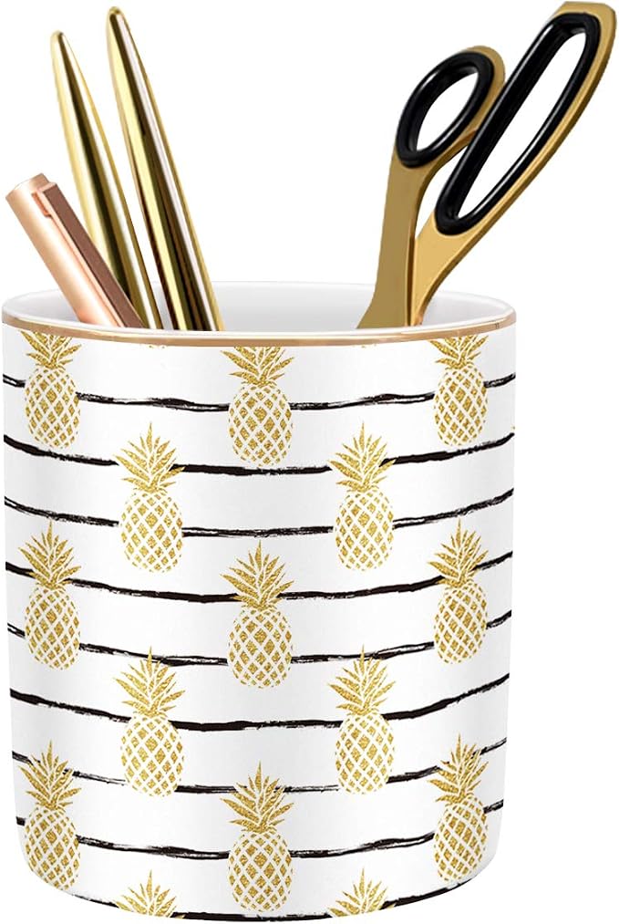 Cute Pineapple Pencil Holder for Desk, Large Capacity Colored Pen Cup Holder, Pretty Office Desk Accessories for Girls Women, Ceramic Workspace Organizers, Makeup Brush Holder for Home, Yellow