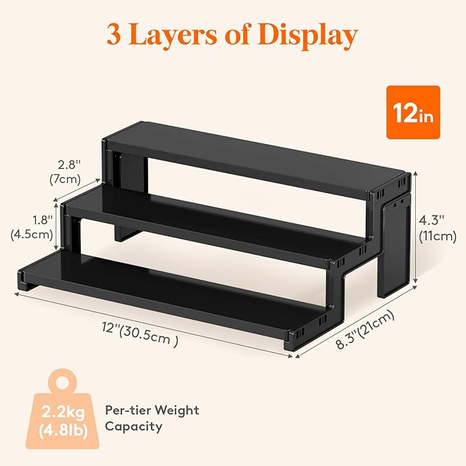 Lifewit Spice Rack, Perfume Cologne Organizer, Cupcake Stand, Tool-Free Assembly, Display Riser Shelf, Seasoning Figurine Makeup Holder, Room Decor, Kitchen Cabinet Storage, Black, 12in-3 Tier, 2 Pcs