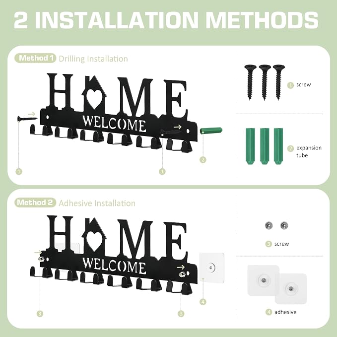 Key Holder Wall Mount, Adhesive Key Hanger with 12 Hooks, Black | Metal Material, 2 Mount Options, Compact Design, Cute Wall Decoration, Suit for Entryway, Doorway, Hallway, RV, Garage