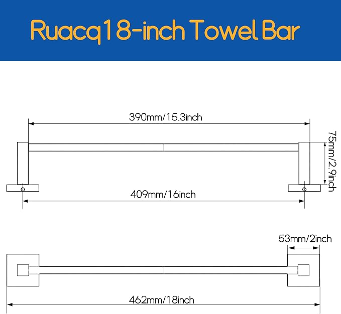 RUACQ Towel Bar 16" Towel Racks for Bathroom Wall Mounted, Matte Black | Total Length 18 Inch Single Towel Rod, Bath Towel Holder, 304 Stainless Steel, Rustproof, Square Base, Heavy Duty, Modern