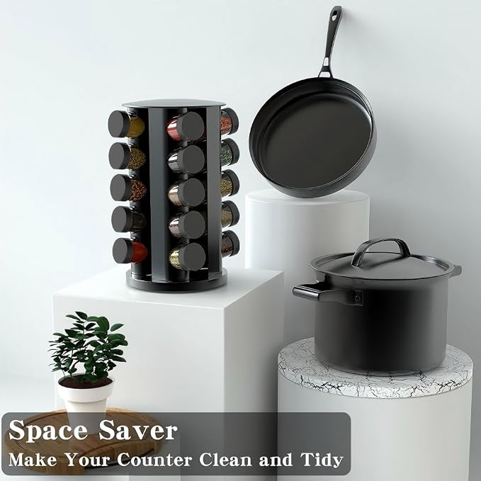 Handisen Rotating Spice Rack Organizer for Cabinet, Spice Racks Storage with 20 Jars, Spinning Spice rack for Kitchen Countertop, Spice Holder,Seasoing Storage Racks, Black
