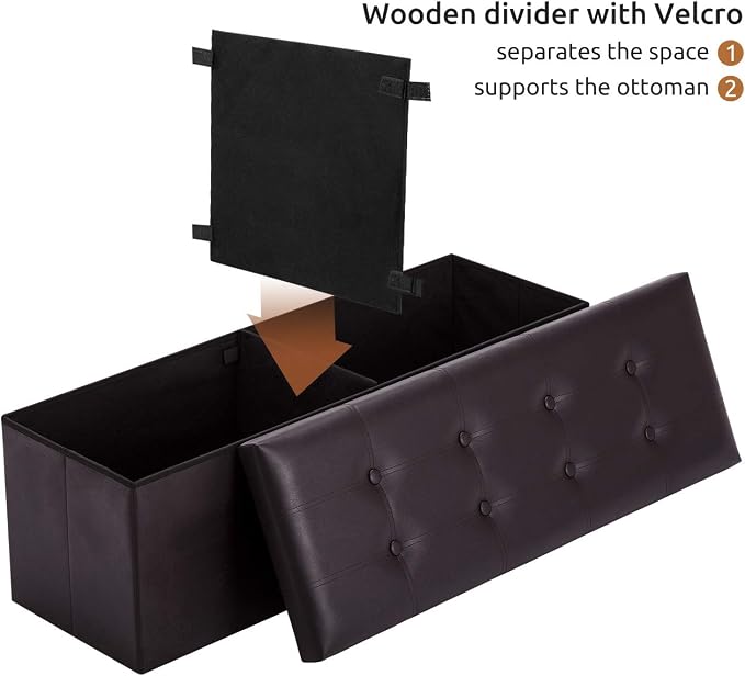 YOUDENOVA 43" Ottoman with Storage, Folding Faux Leather Bench, Brown | Foldable ottoman with hidden storage, padded faux leather seat and sturdy MDF frame for everyday use.