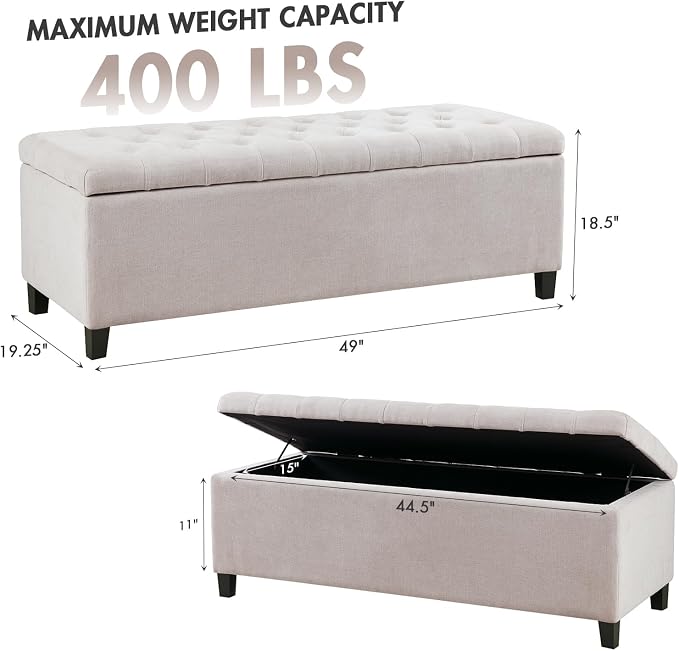 Madison Park 49" Upholstered Storage Bench, Button Tufted End of Bed Bench with Storage, Dual Spring Soft-Close Lid, Bedroom Bench for Queen King Bed, Entryway Living Room, Natural