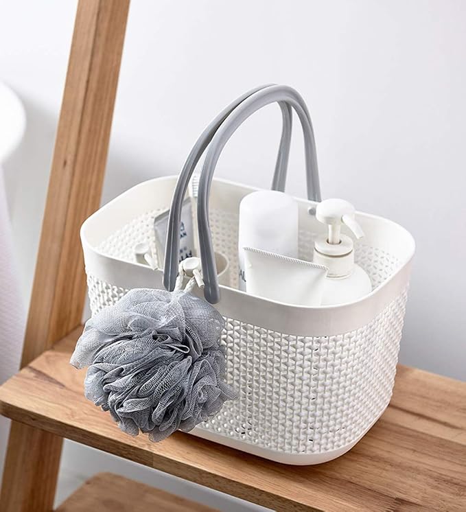 Plastic Portable Shower Caddy Basket, Storage Organizer, White, 2 Pack | Bottom Drain Holes, Keep Dry, Sturdy and Durable, Easy to Carry for Bathroom, Kitchen, Dorm Room, RV, College
