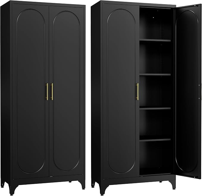 Steeloong 75"Metal Pantry Storage Cabinet with Doors & 4 Adjustable Shelves | Kitchen Pantry Cabinet,Black Tall Pantry Cabinet for Kitchen Storage,Storage Cupboard for Living Room,Pantry,Garage,Bathroom