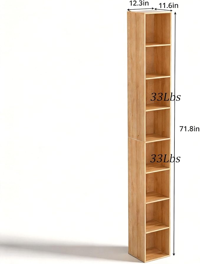 8-Cube Storage Organizer Bookcase, Oak Tall Narrow Bookshelf, Freestanding Open Cubby Storage Shelf, Display Cabinet for Living Room Bedroom Home Office