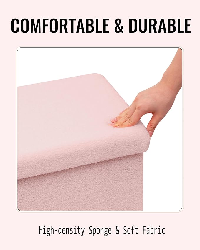 Small Ottoman with Storage, Sherpa Storage Ottoman Cube, Boucle Folding Foot Rest for Dorm, Living Room, Bedroom, Pink, 16.5"x12.6"x12.6"