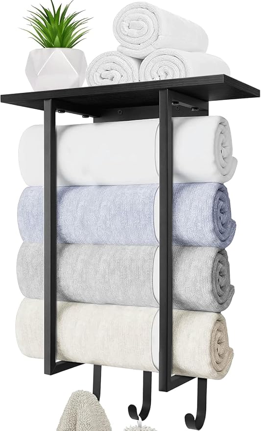 ELITEROO Towel Holder for Bathroom Wall, Wooden Towel Rack Shelf | Hanging Towel Organizer with 3 Hooks for Small Bathroom Storage, Bath Rolled Towel Shelf for RV, Camper, Black