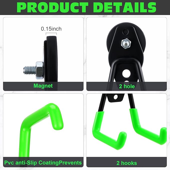 Landhoow 6 Pcs Large Magnetic Hooks Heavy Duty Garage Magnet Hooks Strong Storage Utility Magnetic Hangers with Anti Slip Rubber Coating for Indoor and Outdoor Hanging (Green)