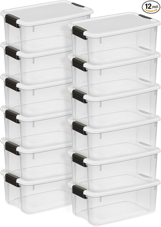 Sterilite Ultra Latch Box with Lids for Home and Office, 18 Quart, 12-Pack | Heavy-Duty and Stackable Plastic Containers with Latches for Closet, Cabinet, Bedroom, Bathroom and Dorm Room Organization
