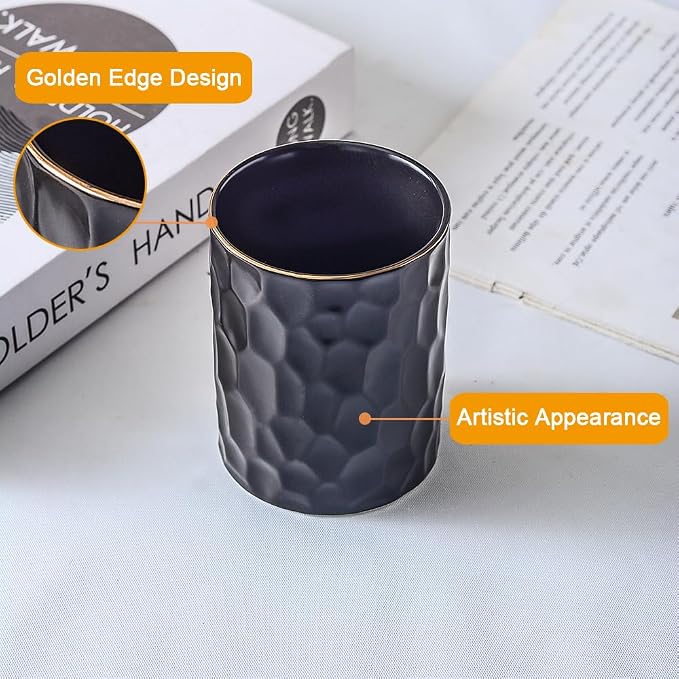 Ceramic Aesthetic Pen Holder for Desk Cute Pencil Holder Cup Pot Desk Organizer for Men Women Makeup Brush Holder Toothbrush Holder (Black)