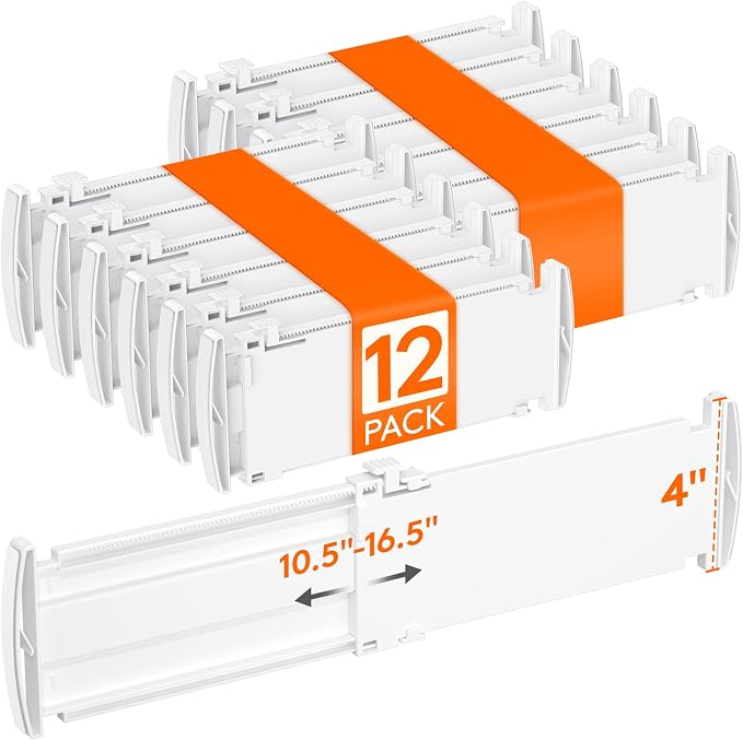 Lifewit 12 Pack Drawer Dividers for Clothes, 4" High 10.5"-16.5" Expandable Dresser Drawer Organizers, Adjustable White Plastic Separators for Kitchen, Cabinet, Nursery, Socks & Underwear Storage