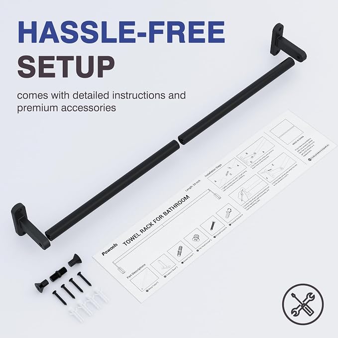 Powools Matte Black Towel Rack for Bathroom - 24" Rustproof Towel Holder, Sturdy Towel Bar Wall Mounted, Space-Saving Towel Hanger, Bathroom Accessories, Home Decor, Apparment Essentials, 2 Packs