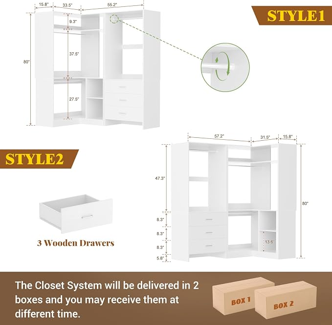 Aheaplus Closet System with 3 Drawers, 2 Hanging Rods & Corner Tower, Corner Closets System with Hanging, L-Shaped Walk-In Wardrobe Organizer, 1300+ lbs Capacity, Set of 2, White