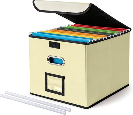 File Organizer Box with Lid (Beige, 14.9 x 12.59 x 10.8 inch, 2-Pack) | Large Hanging File Folder Organizer with Plastic Slide, Collapsible Portable Filing Storage Boxes for Office/Decor/Home