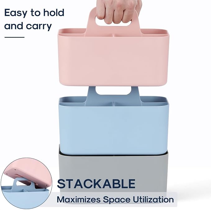 Multiuse Caddy Organizer with Handle, Portable Divided Plastic Tote Bin - Art Craft, Stationary Pen Marker Crayons, Makeup Hair Supplies Storage - Bathroom, Classroom, Dorm, Office, Desk Holder - Pink