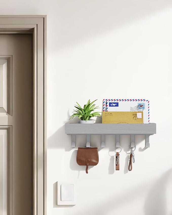 Key Holder Wall Mount Magnetic Adhesive - Key Hooks Rack with shelf | Key Hanger with Mail Organizer for RV Camper Fridge Living Room Decor, Home Essentials, Grey
