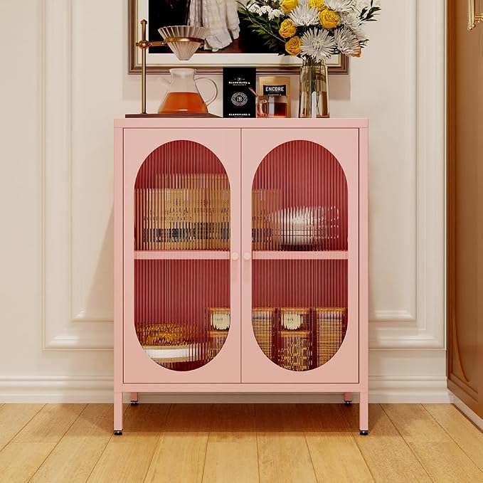 2 Translucent Door Metal Accent Storage Cabinet for Home, Living Room, Office Room,Kitchen-Metal Locker Cabinet with 1 Adjustable Shelves-2-Tier (Pink)
