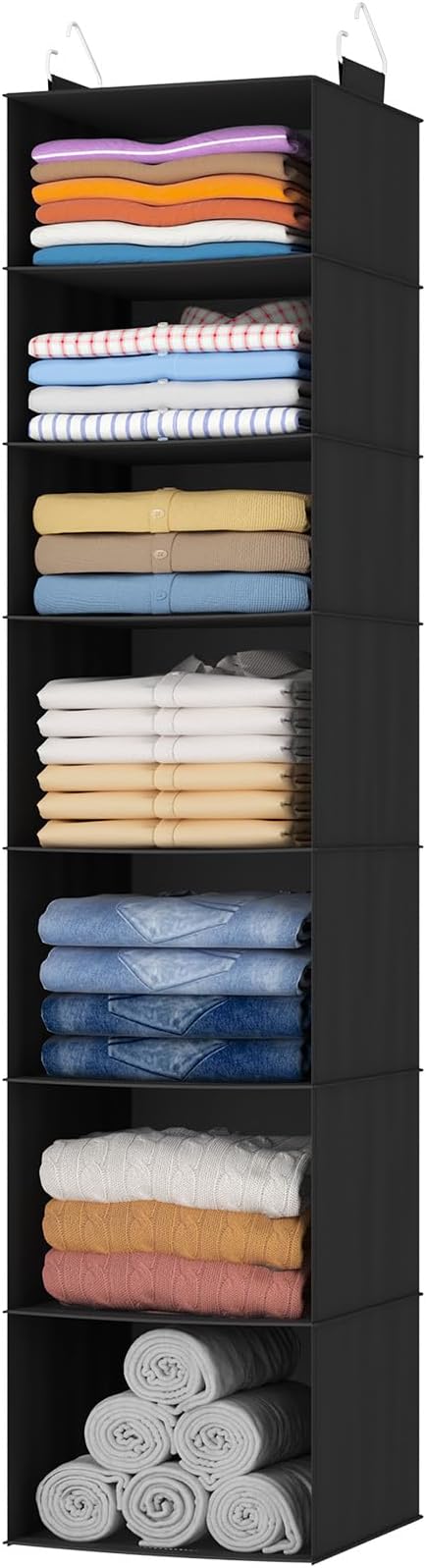 Lifewit 7 Tier Hanging Portable Closet Storage Organizer for Shelves, Gray | Foldable Clothes Shelf with 2 Sturdy Hooks, Sweater/Coat/Shoes Clothing Organization for Wardrobe, Dorm, Bedroom
