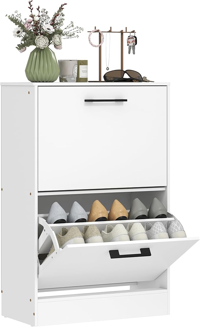 HOMCOM Shoe Cabinet with 2 Flip Drawers, up to 12 Pairs, White | Narrow Storage Cabinet, Adjustable Dividers, Entryway Shoe Storage Unit, for Hallway