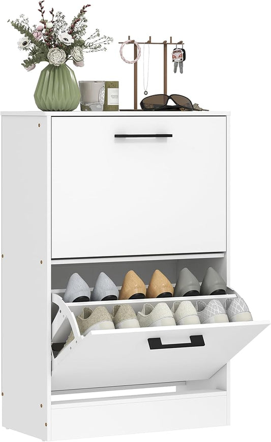 HOMCOM Shoe Cabinet with 2 Flip Drawers, up to 12 Pairs, White | Narrow Storage Cabinet, Adjustable Dividers, Entryway Shoe Storage Unit, for Hallway