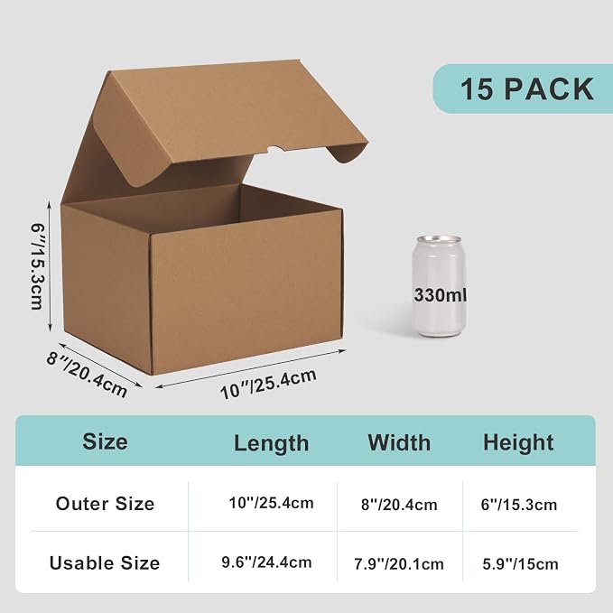 CRUGLA 10x8x6 Shipping Boxes, 15 Pack Brown Kraft Folding Mailer Boxes, 3-Ply Corrugated Cardboard Box Mailers for Small Business Packaging, Mailing & Storage